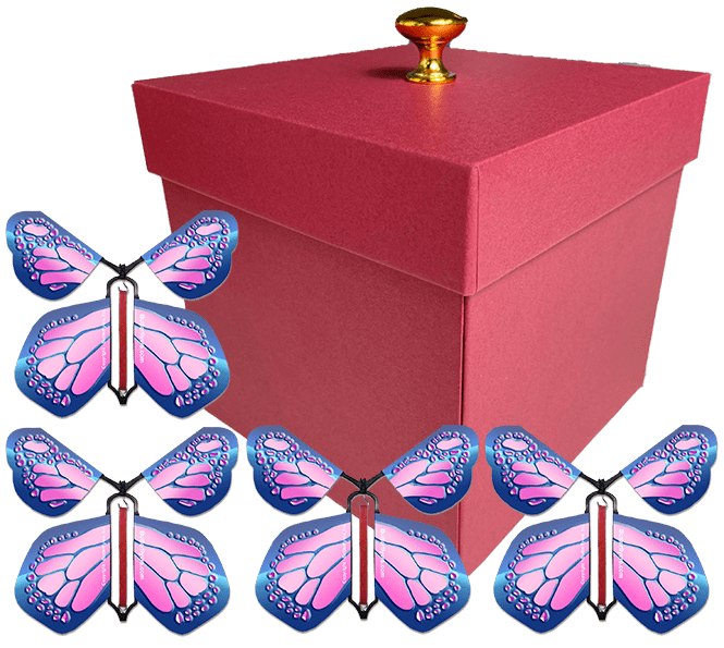 Red Exploding Butterfly Gift Box With 4 Cobalt Pink Wind Up Flying Butterflies from butterflyers.com