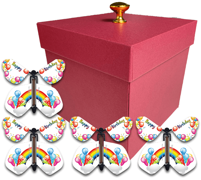 Red Exploding Butterfly Birthday Box With 4 Birthday Rainbows Wind Up Flying Butterflies from butterflyers.com