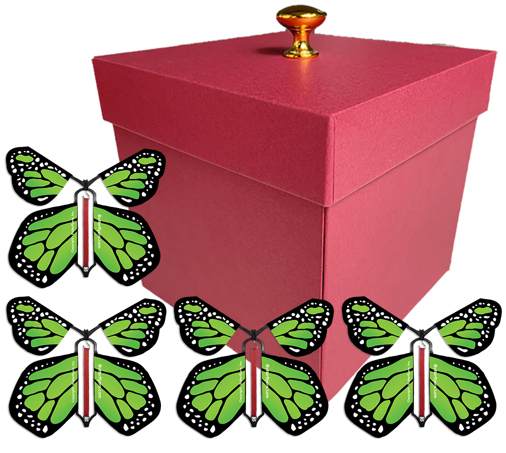 Red Exploding Butterfly Gift Box With 4 Green Monarch Wind Up Flying Butterflies from butterflyers.com