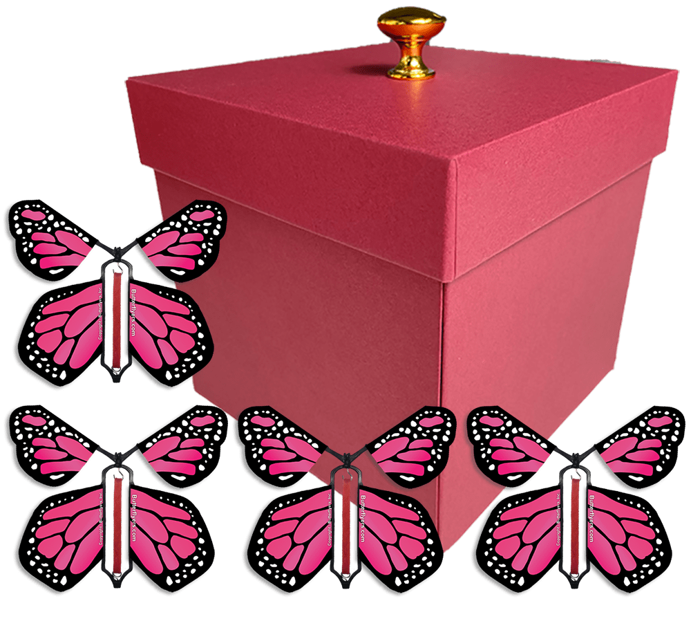 Red Exploding Butterfly Gift Box With 4 Pink Monarch Wind Up Flying Butterflies from butterflyers.com