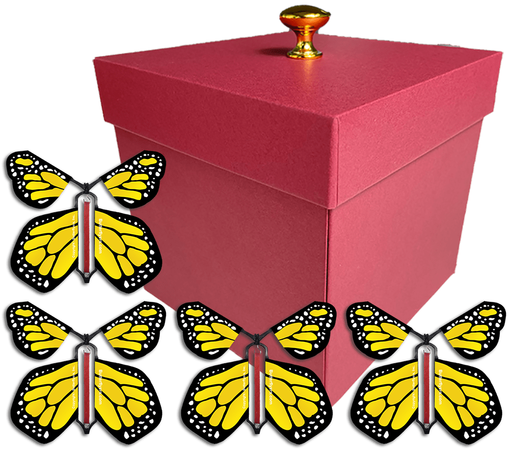 Red Exploding Butterfly Gift Box With 4 Yellow Monarch Wind Up Flying Butterflies from butterflyers.com