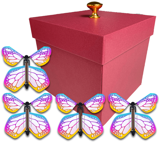 Red Exploding Butterfly Gift Box With 4 Bismuth Color Wind Up Flying Butterflies from butterflyers.com