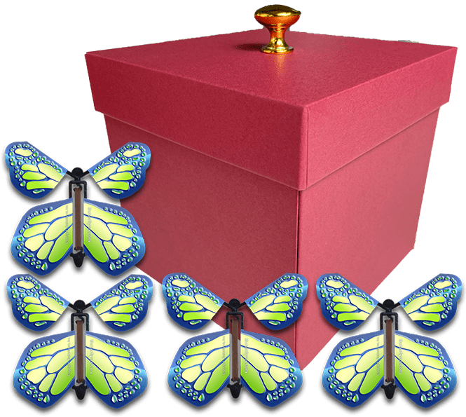 Red Exploding Butterfly Gift Box With 4 Cobalt Green Wind Up Flying Butterflies from butterflyers.com