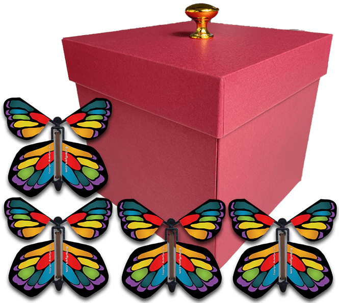 Red Exploding Butterfly Gift Box With 4 Stained Glass Wind Up Flying Butterflies from butterflyers.com