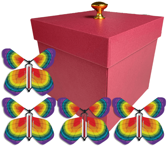 Red Exploding Butterfly Gift Box With 4 Tye Dye Wind Up Flying Butterflies from butterflyers.com