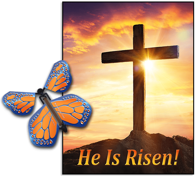 He is Risen Greeting Card with Cobalt Orange wind up flying butterfly by Butterflyers.com