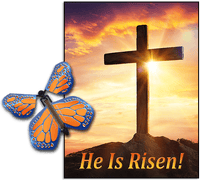 
              He is Risen Greeting Card with Cobalt Orange wind up flying butterfly by Butterflyers.com
            