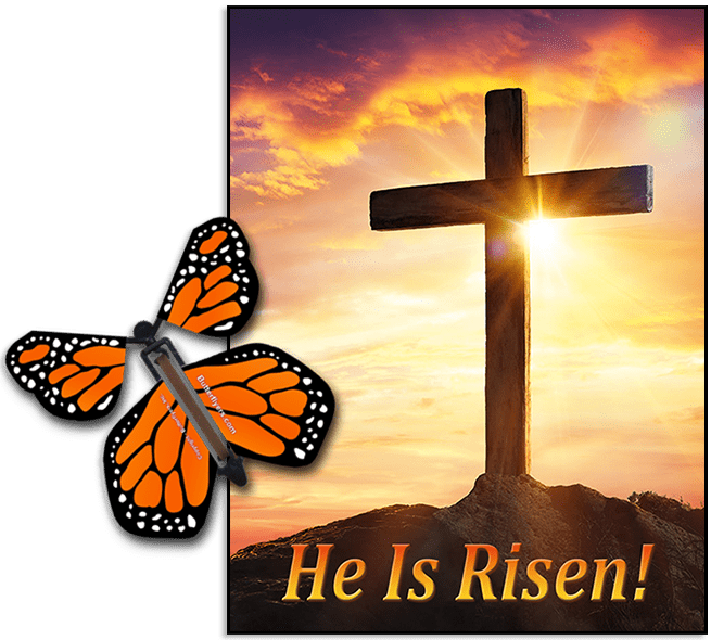 He is Risen Greeting Card with Orange monarch wind up flying butterfly by Butterflyers.com