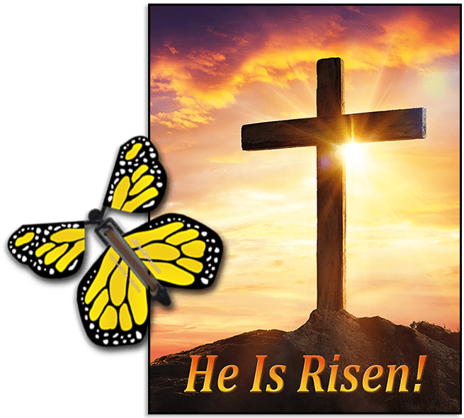 He is Risen Greeting Card with Yellow monarch wind up flying butterfly by Butterflyers.com