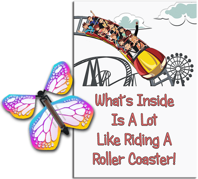 Roller Coaster greeting card with Bismuth wind up flying butterfly from Butterflyers.com