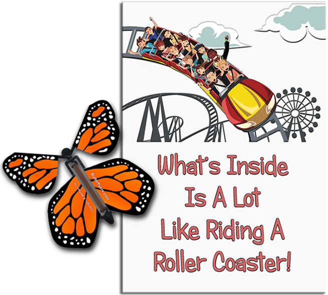 Roller Coaster greeting card with Orange wind up flying butterfly from Butterflyers.com