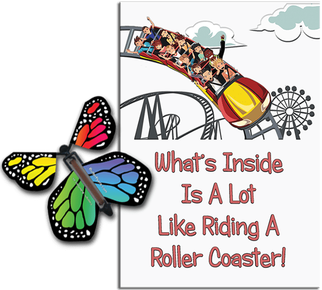 Roller Coaster greeting card with Rainbow wind up flying butterfly from Butterflyers.com