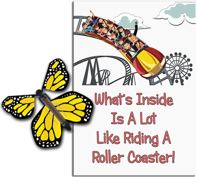 Roller Coaster greeting card with Yellow wind up flying butterfly from Butterflyers.com