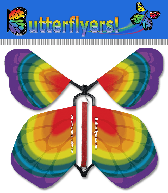 Tye Dye Rainbow Wind Up Flying paper Butterfly for greeting cards from butterflyers.com