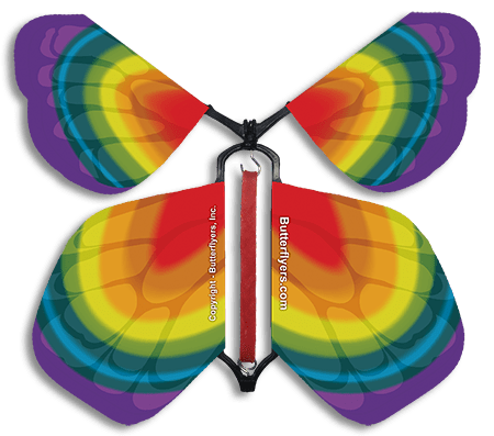 Tye Dye Rainbow Surprise Wind Up Flying Butterfly for greeting cards from butterflyers.com