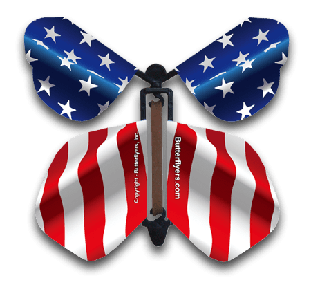 USA Flag Wind Up Flying Butterfly For Greeting Cards by Butterflyers.com