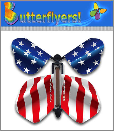 USA Flag Wind Up Flying Butterfly For Greeting Cards by Butterflyers.com