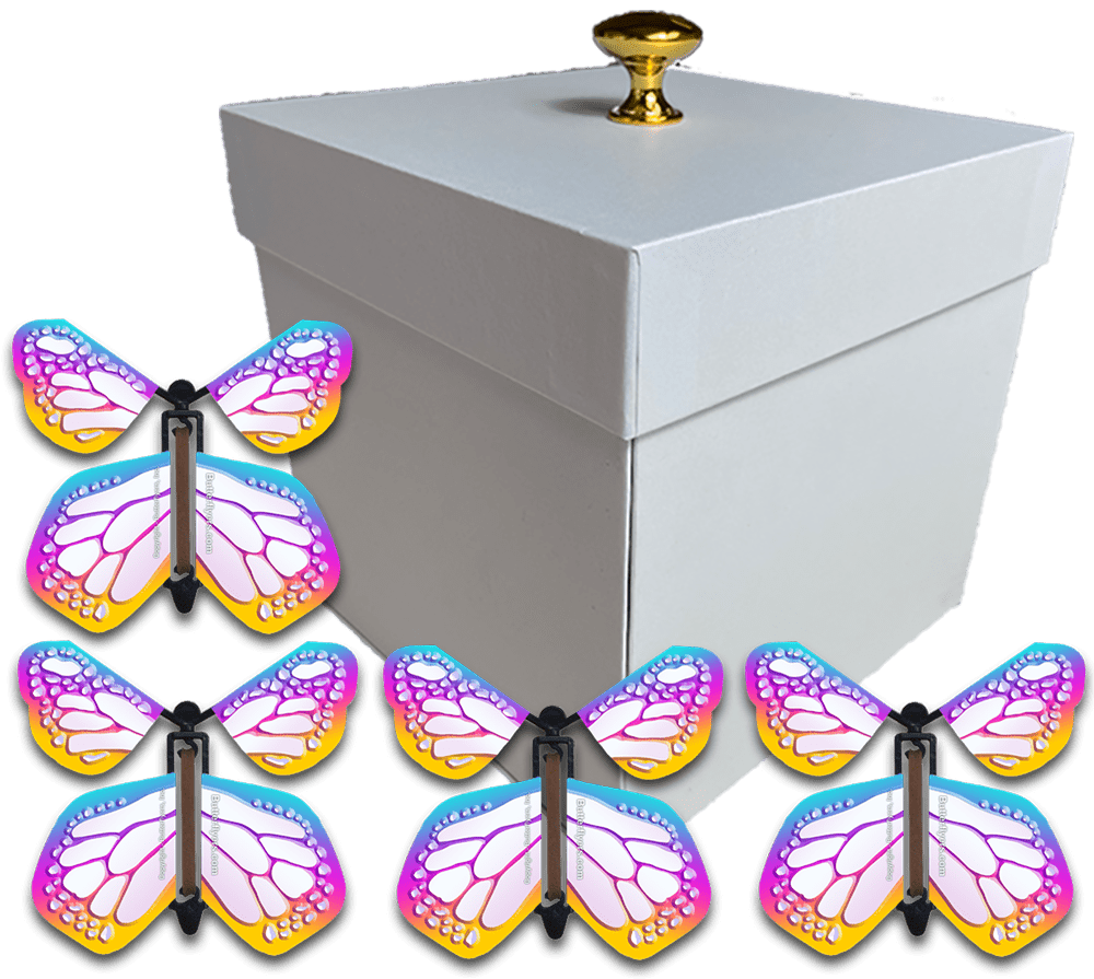 White Easter Exploding Butterfly Gift Box With 4 Bismuth Color Monarch Wind Up Flying Butterflies from butterflyers.com