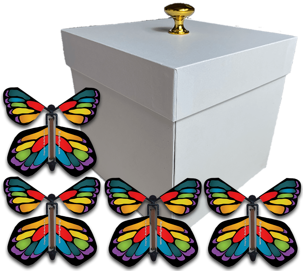 White Easter Exploding Butterfly Gift Box With 4 Stained Glass Wind Up Flying Butterflies from butterflyers.com