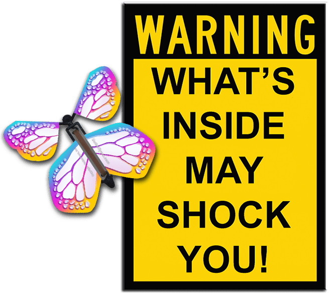 Warning Greeting Card with Bismuth monarch wind up flying butterfly from butterflyers.com