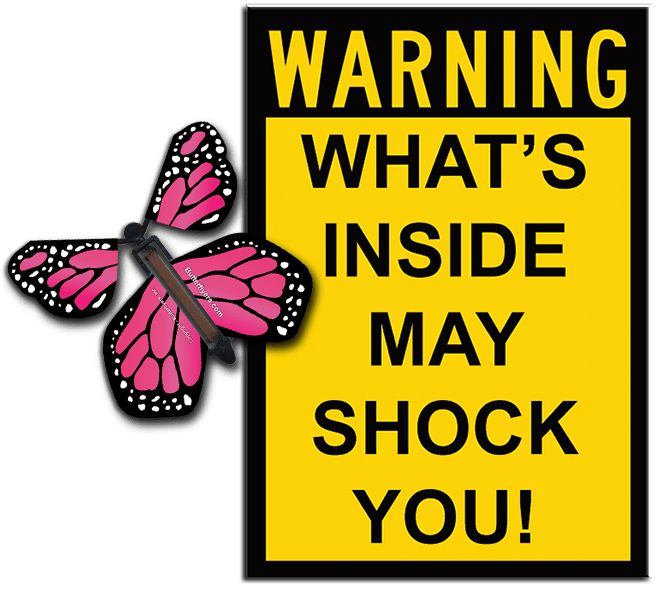 Warning Greeting Card with Pink monarch wind up flying butterfly from butterflyers.com