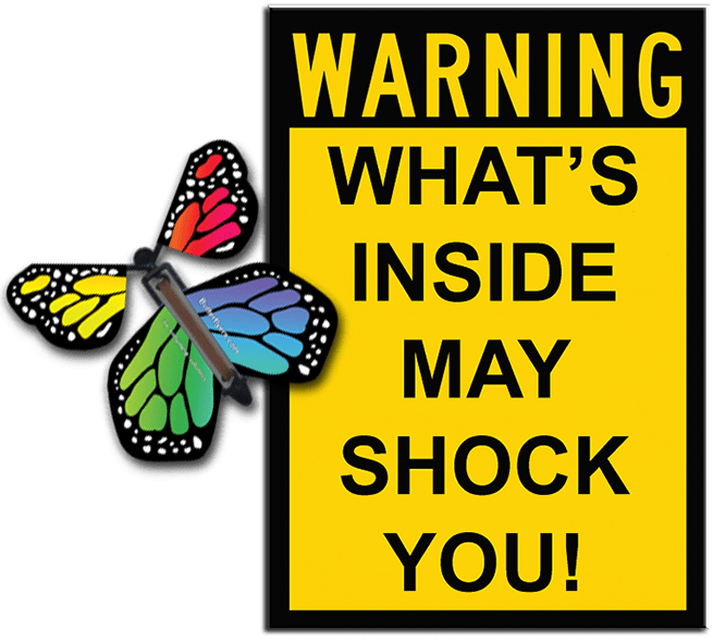 Warning Greeting Card with Rainbow monarch wind up flying butterfly from butterflyers.com