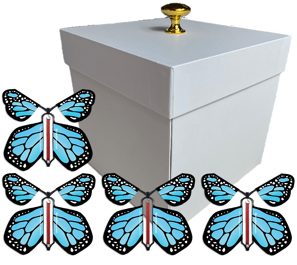 White Exploding Butterfly Gift Box With 4 Blue Monarch Wind Up Flying Butterflies from butterflyers.com