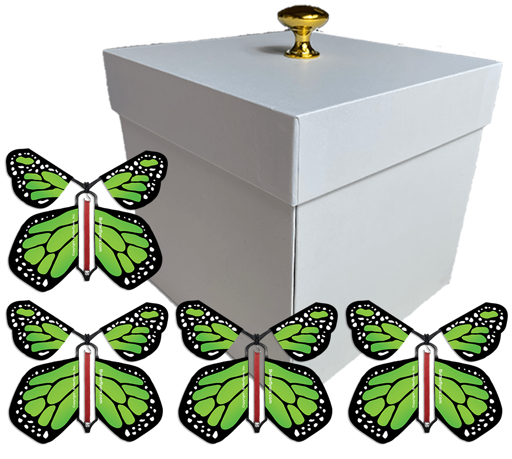 White Exploding Butterfly Gift Box With 4 Green Monarch Wind Up Flying Butterflies from butterflyers.com