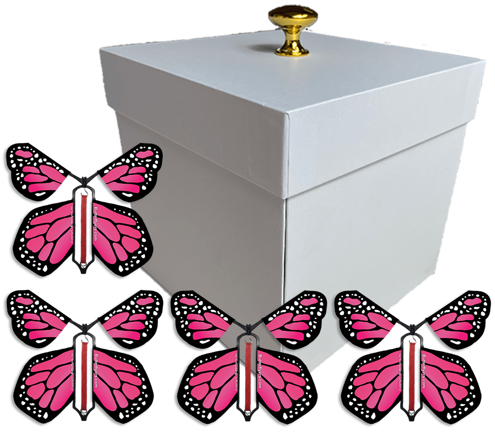 White Exploding Butterfly Gift Box With 4 Pink Monarch Wind Up Flying Butterflies from butterflyers.com