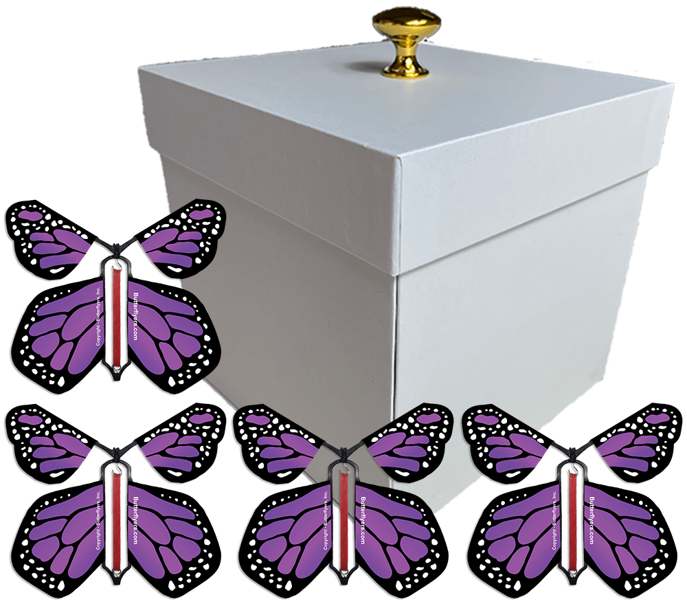 White Exploding Butterfly Gift Box With 4 Purple Monarch Wind Up Flying Butterflies from butterflyers.com