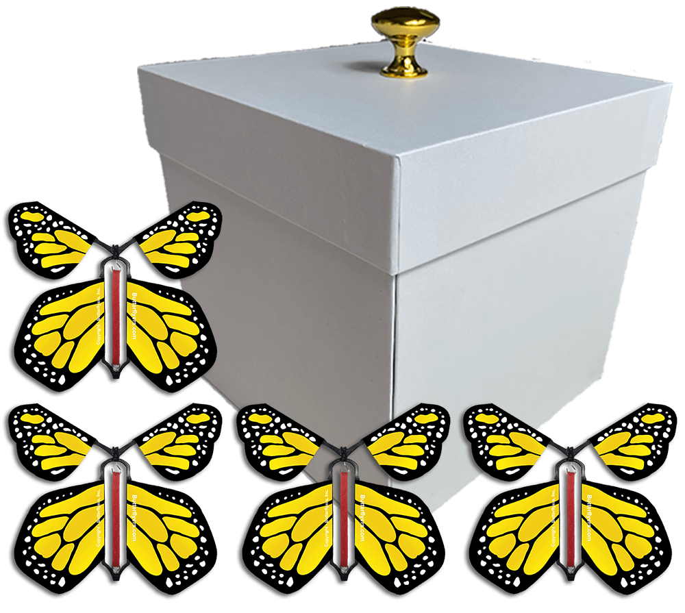 White Exploding Butterfly Gift Box With 4 Yellow Monarch Wind Up Flying Butterflies from butterflyers.com