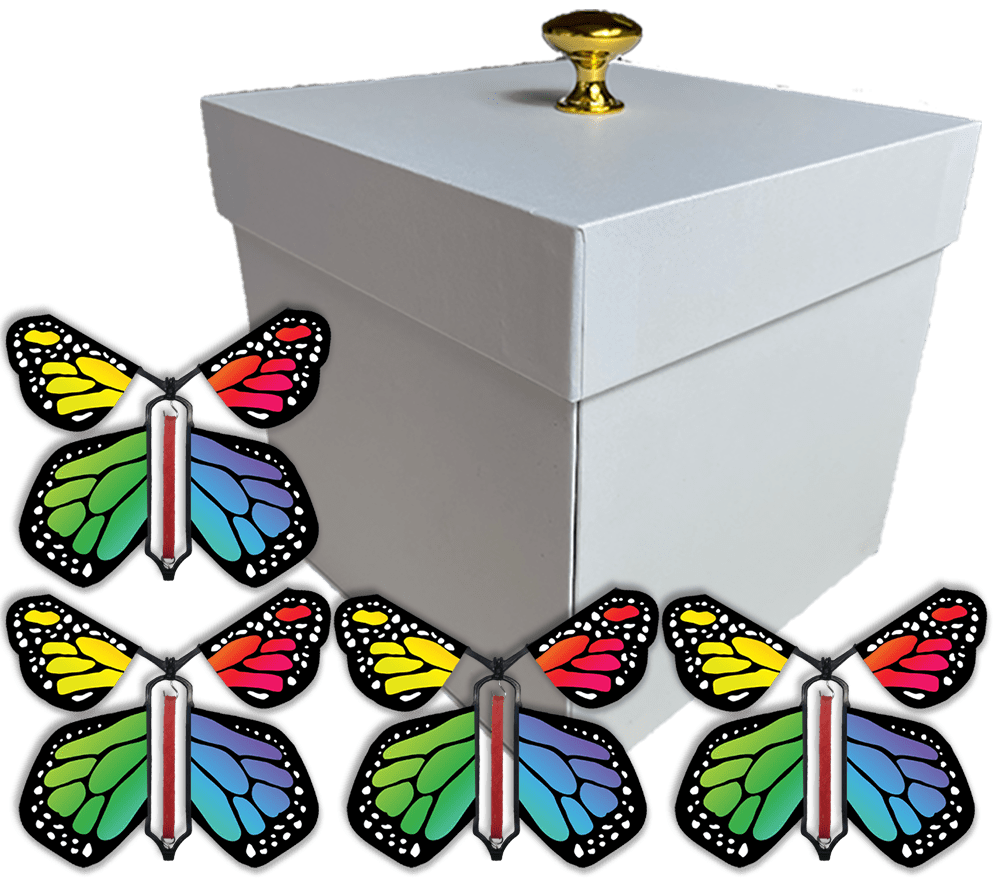 White Exploding Butterfly Gift Box With 4 Rainbow Monarch Wind Up Flying Butterflies from butterflyers.com