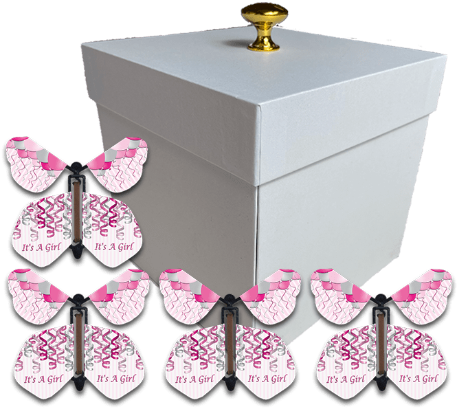 White Exploding Gender Reveal Box With It's A Girl Flying Butterflies From Butterflyers.com