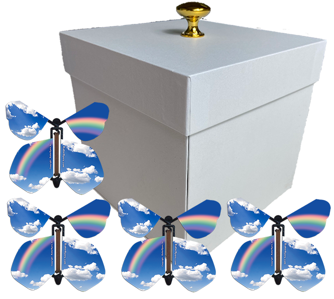 White Exploding Butterfly Birthday Gift Box With 4 Blue Sky Rainbow Wind Up Flying Butterflies from butterflyers.com