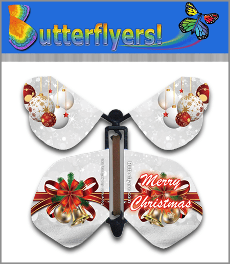 Christmas Bows & Bells Wind Up Flying Butterfly For Greeting Cards by Butterflyers.com