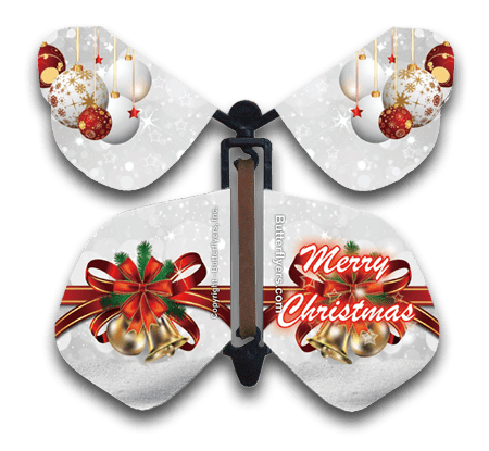 Christmas Bows & Bells Wind Up Flying Butterfly For Greeting Cards by Butterflyers.com