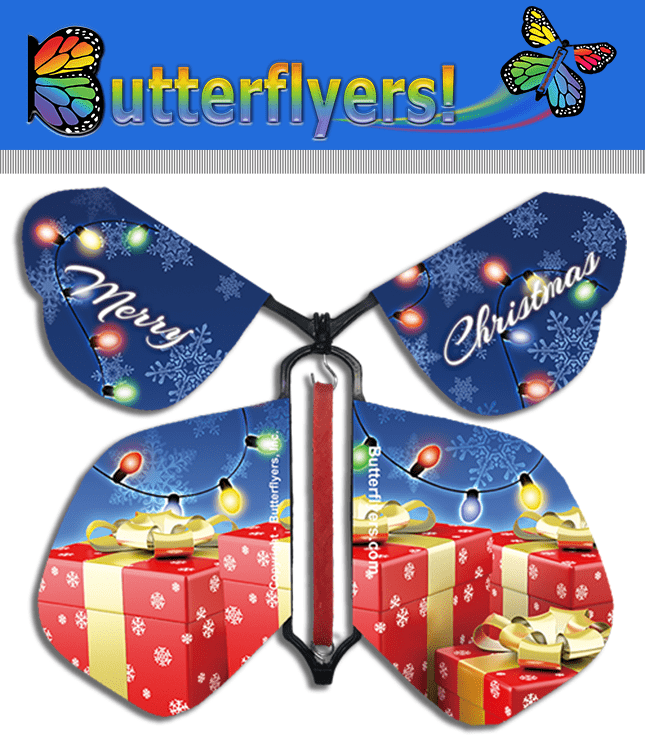 Packaged Wind Up Flying Christmas Butterfly For Greeting Cards and explosion boxes by Butterflyers.com