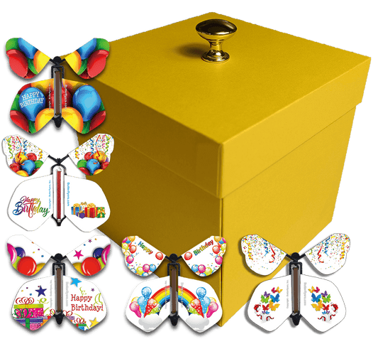 Yellow Birthday Exploding Butterfly Gift Box With Wind Up Flying Butterflies from butterflyers.com