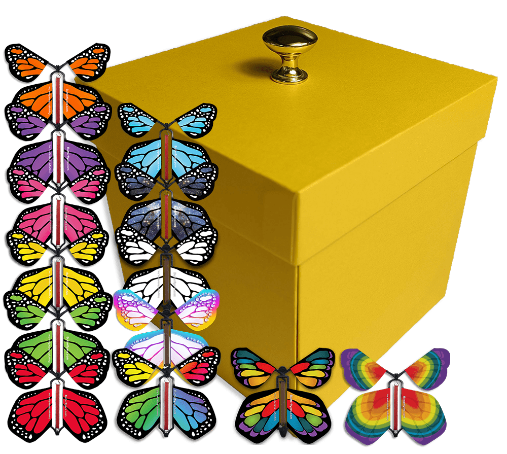 Yellow Exploding Butterfly Gift Box With 4 Wind Up Flying Monarch Butterflies from butterflyers.com