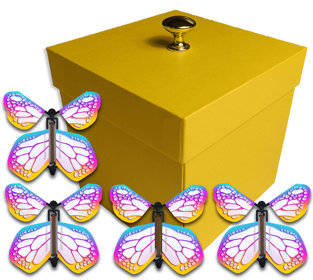 Yellow Exploding Butterfly Gift Box With 4 Bismuth Monarch Wind Up Flying Butterflies from butterflyers.com