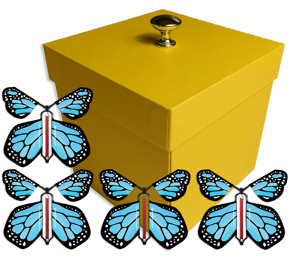 Yellow Exploding Butterfly Gift Box With 4 Blue Monarch Wind Up Flying Butterflies from butterflyers.com