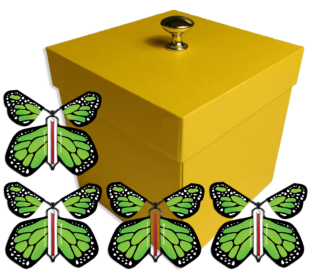 Yellow Exploding Butterfly Gift Box With 4 Green Monarch Wind Up Flying Butterflies from butterflyers.com