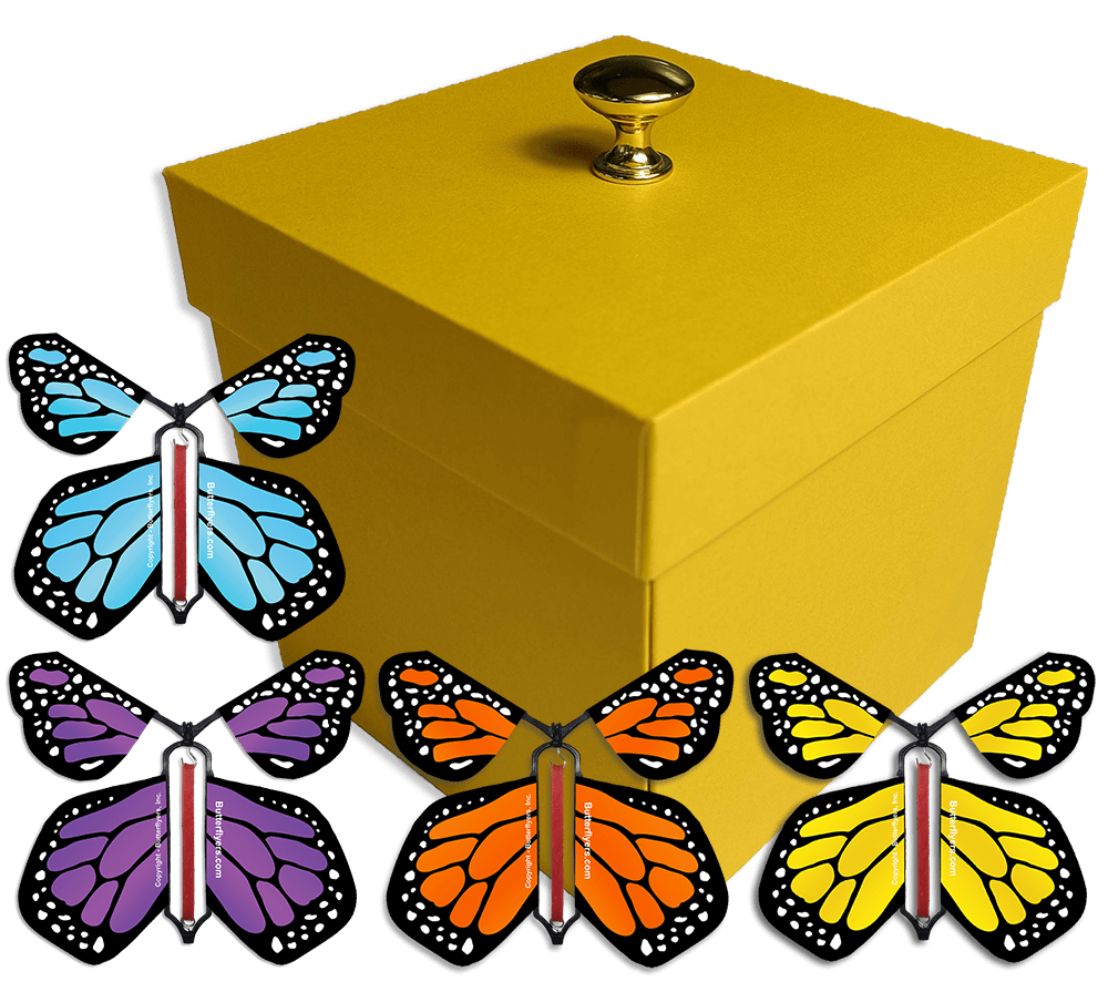 Yellow Exploding Butterfly Gift Box With 4 Multi Color Monarch Wind Up Flying Butterflies from butterflyers.com
