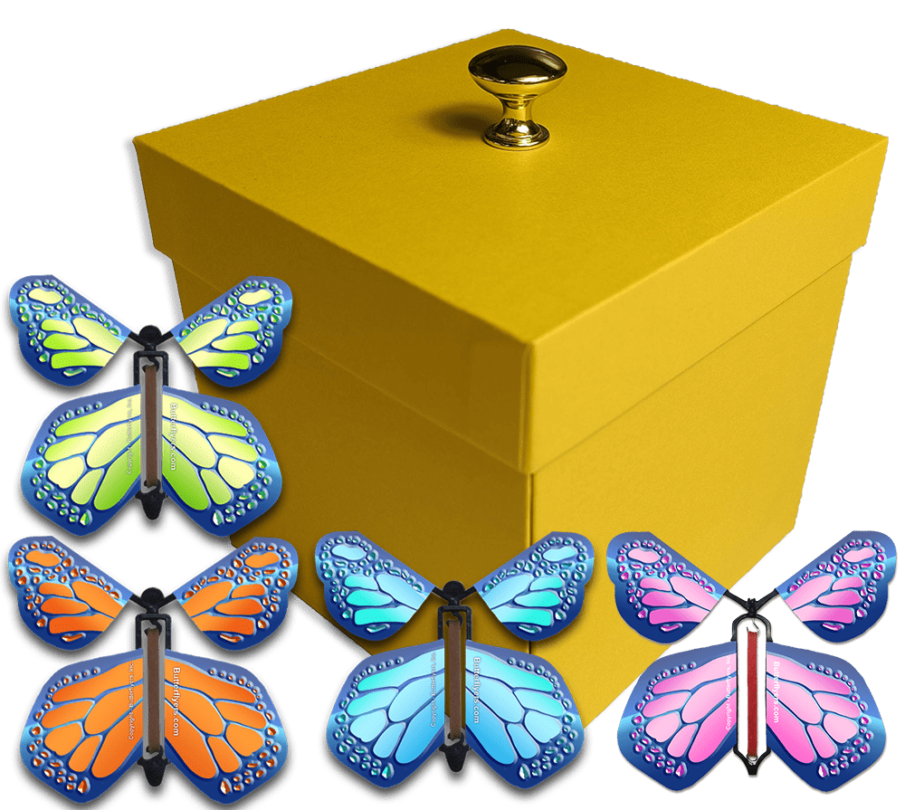 Yellow Exploding Butterfly Gift Box With 4 Multi Cobalt Color Wind Up Flying Butterflies from butterflyers.com