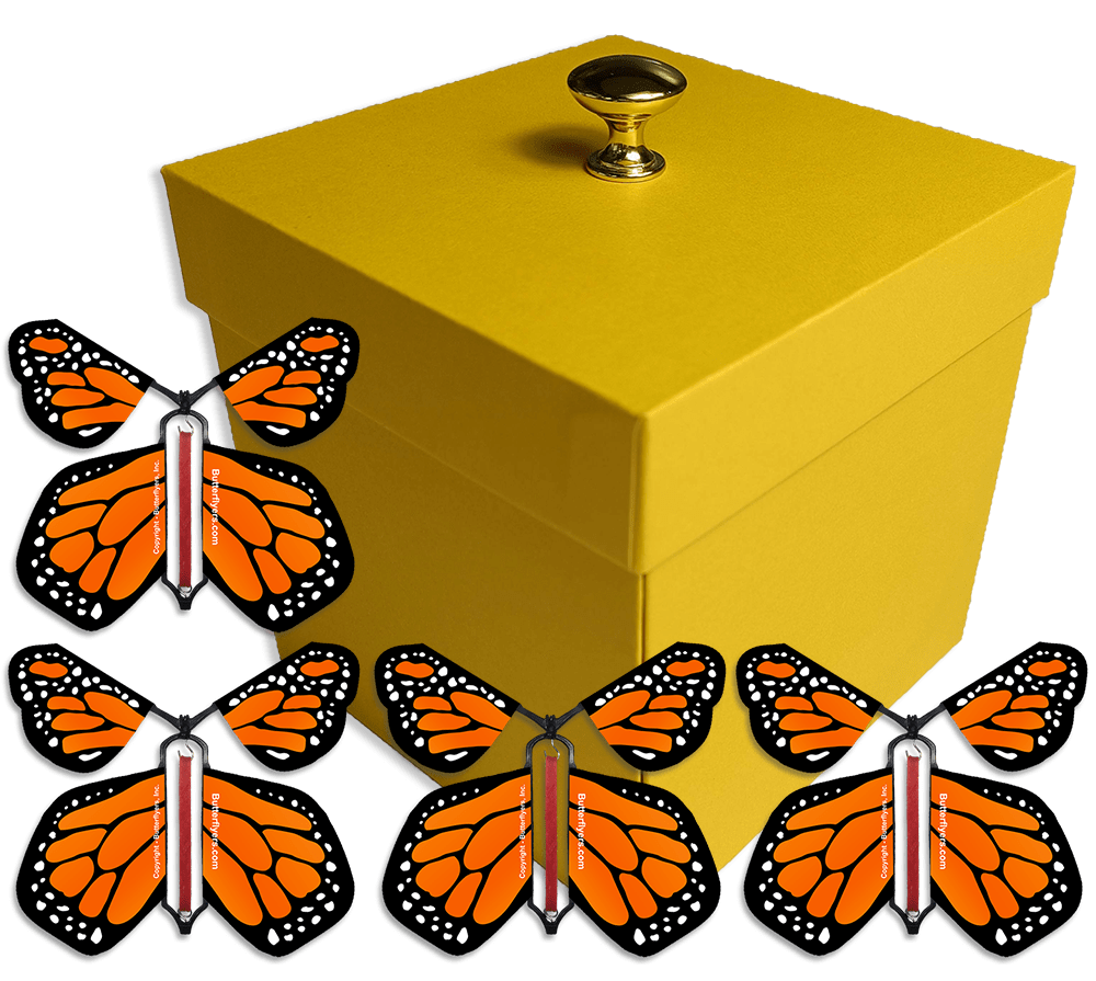 Yellow Exploding Butterfly Gift Box With 4 Orange Monarch Wind Up Flying Butterflies from butterflyers.com