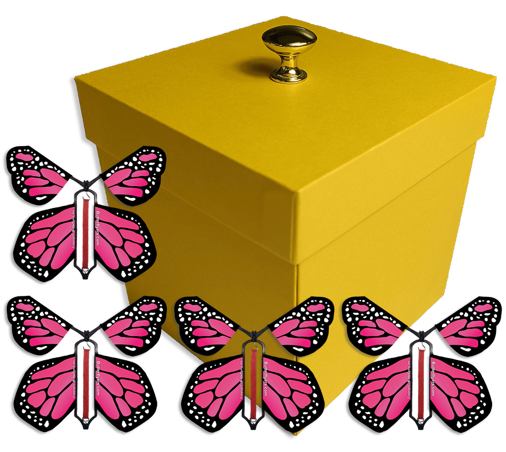 Yellow Exploding Butterfly Gift Box With 4 Pink Monarch Wind Up Flying Butterflies from butterflyers.com