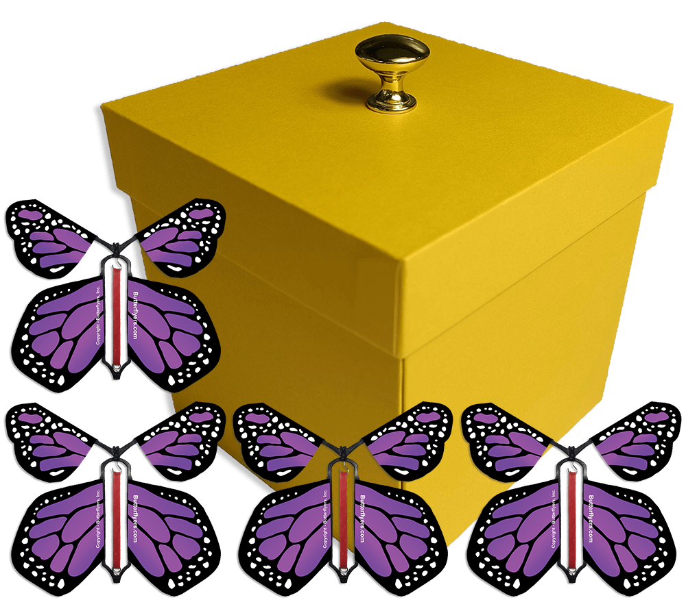 Yellow Exploding Butterfly Gift Box With 4 Purple Monarch Wind Up Flying Butterflies from butterflyers.com