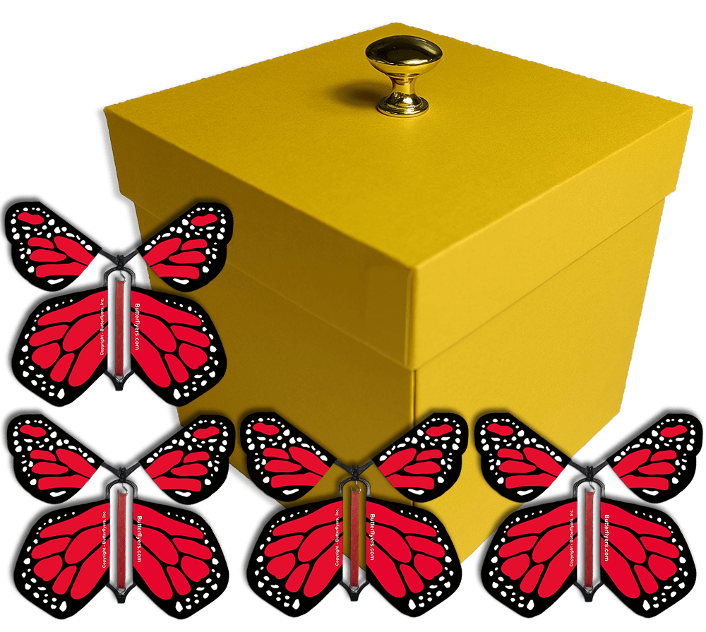 Yellow Exploding Butterfly Gift Box With 4 Red Monarch Wind Up Flying Butterflies from butterflyers.com