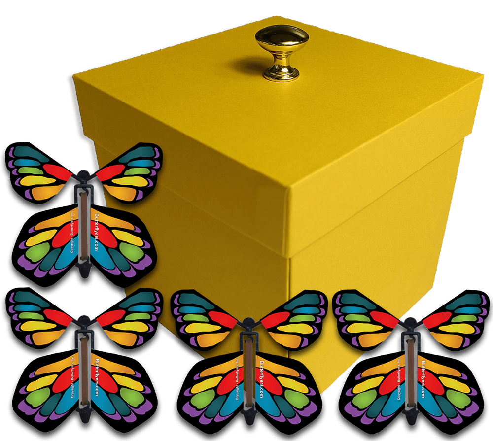 Yellow Exploding Butterfly Gift Box With 4 Stained Glass Wind Up Flying Butterflies from butterflyers.com