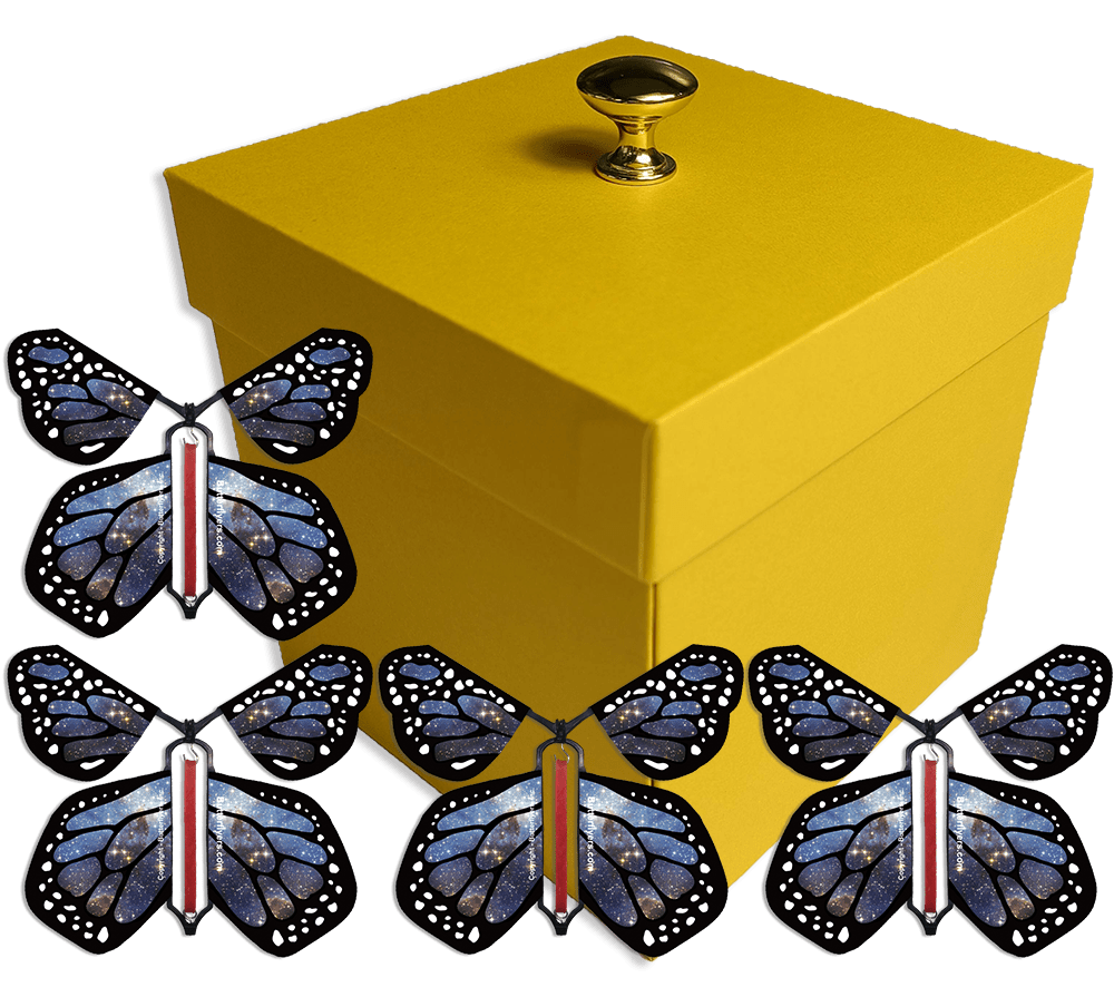 Yellow Exploding Butterfly Gift Box With 4 Stardust Monarch Wind Up Flying Butterflies from butterflyers.com